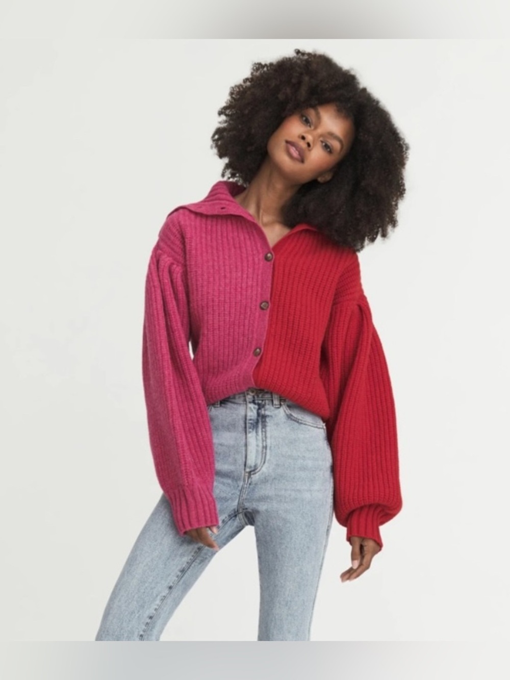 Something Navy Two-Tone Pink & Red Ribbed Button Cardigan